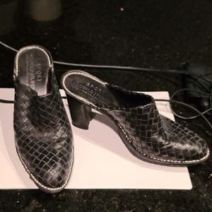 Black woven leather mules